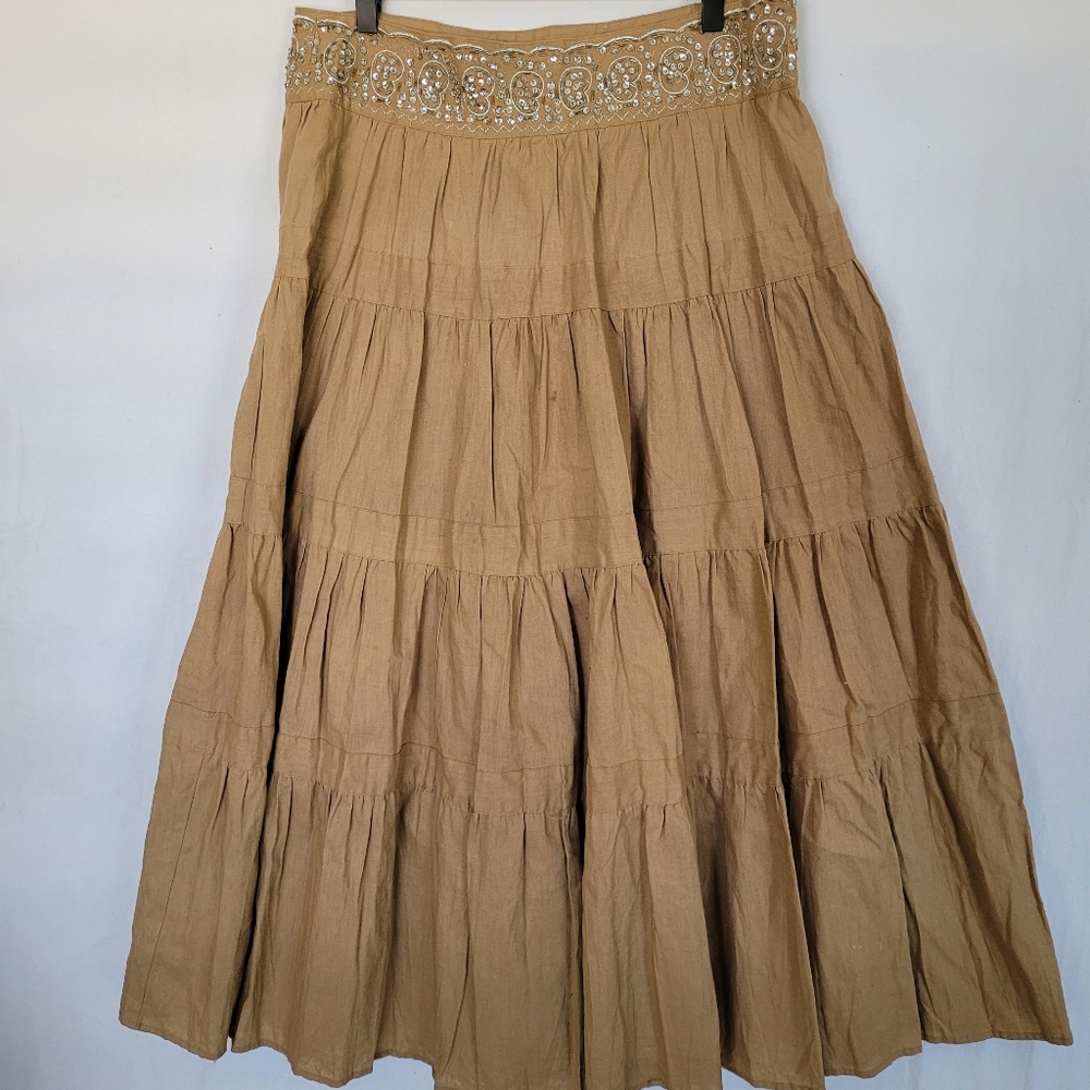 Carole Little Linen Maxi Skirt Tan Size 10 Sequines Tiered Embroidered Boho